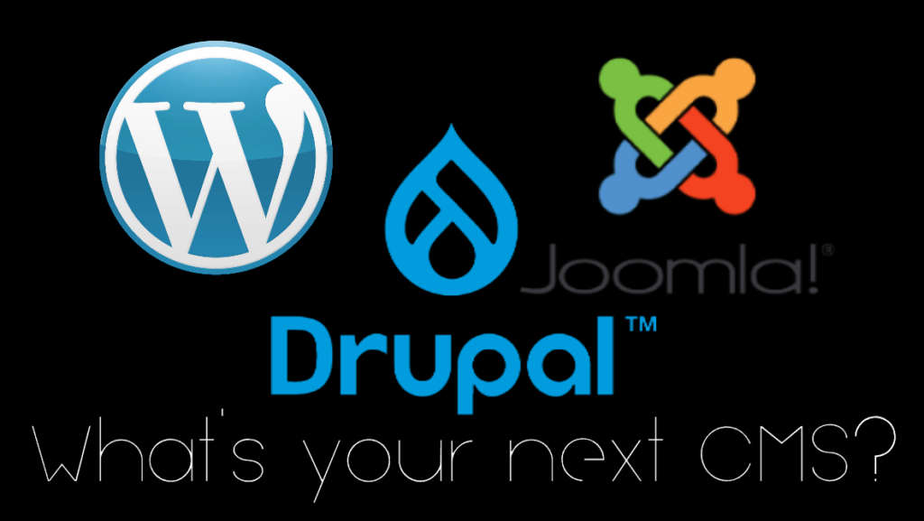 The three large Content Management System tools, from left to right, Wordpress, Drupal, and Joomla.