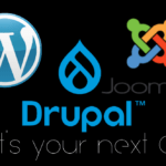 The three large Content Management System tools, from left to right, Wordpress, Drupal, and Joomla.