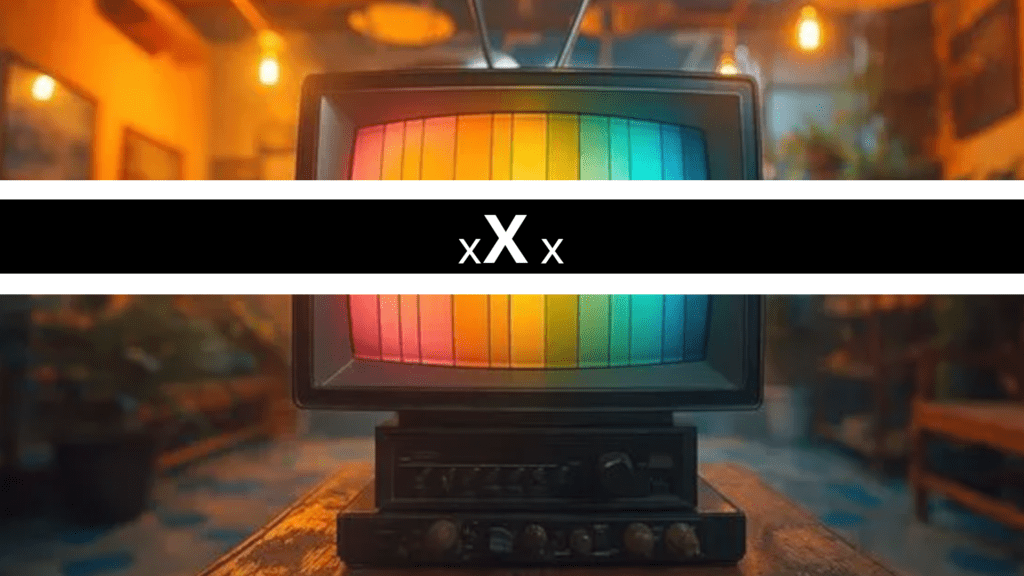 A photo of a television sitting on equipment on a wooden table inside a store with a banner over the middle that states "XXX", indicating adult content