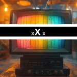 A photo of a television sitting on equipment on a wooden table inside a store with a banner over the middle that states "XXX", indicating adult content