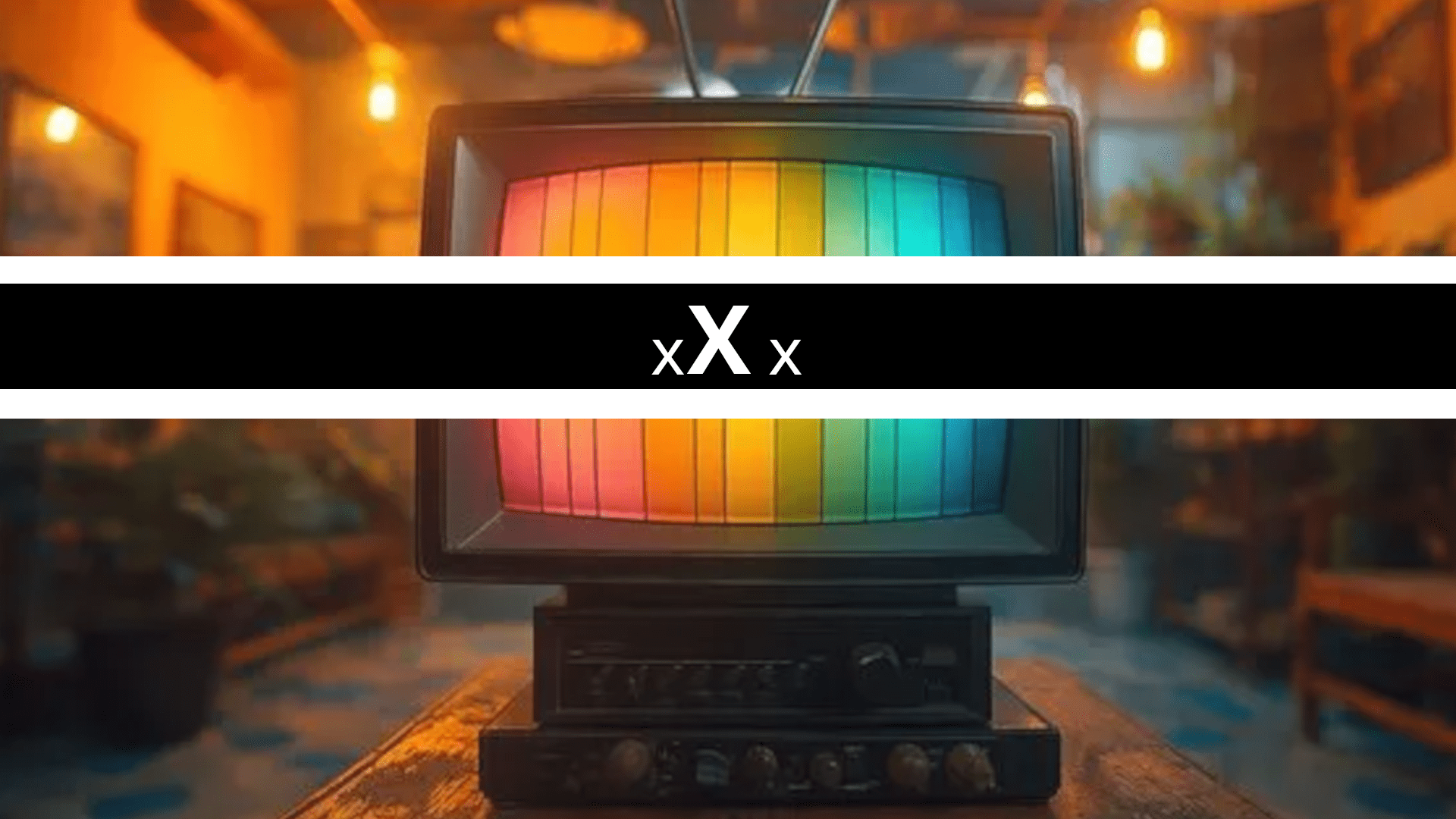 A photo of a television sitting on equipment on a wooden table inside a store with a banner over the middle that states "XXX", indicating adult content